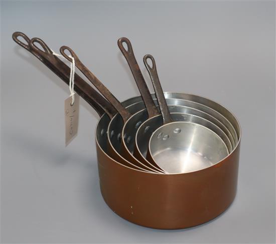 A set of five graduated copper saucepans